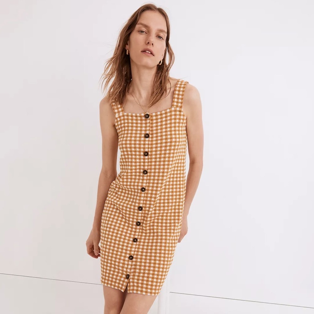 NWT New Madewell Jacquard Button-Front Mini Dress in Gold Gingham Check